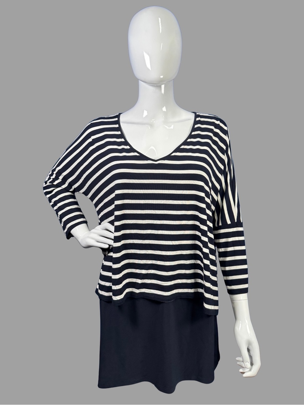 Joseph Ribkoff Striped Navy and White V-Neck Layered Tunic